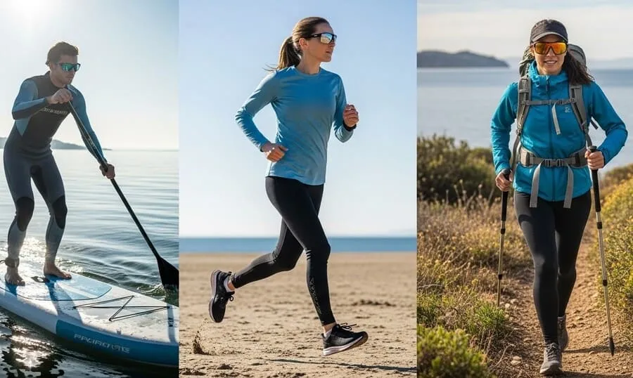 Fotografia de três atletas em uma praia ensolarada: um praticando stand-up paddle com óculos polarizados, outro correndo com lentes fotocromáticas, e um terceiro caminhando com lentes âmbar, com água e céu ao fundo.