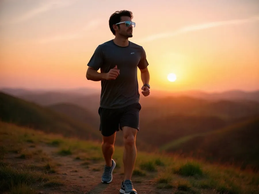 Fotografia de um corredor no topo de uma colina ao amanhecer, usando óculos esportivos, com o sol nascente em tons de laranja e rosa iluminando o horizonte.
