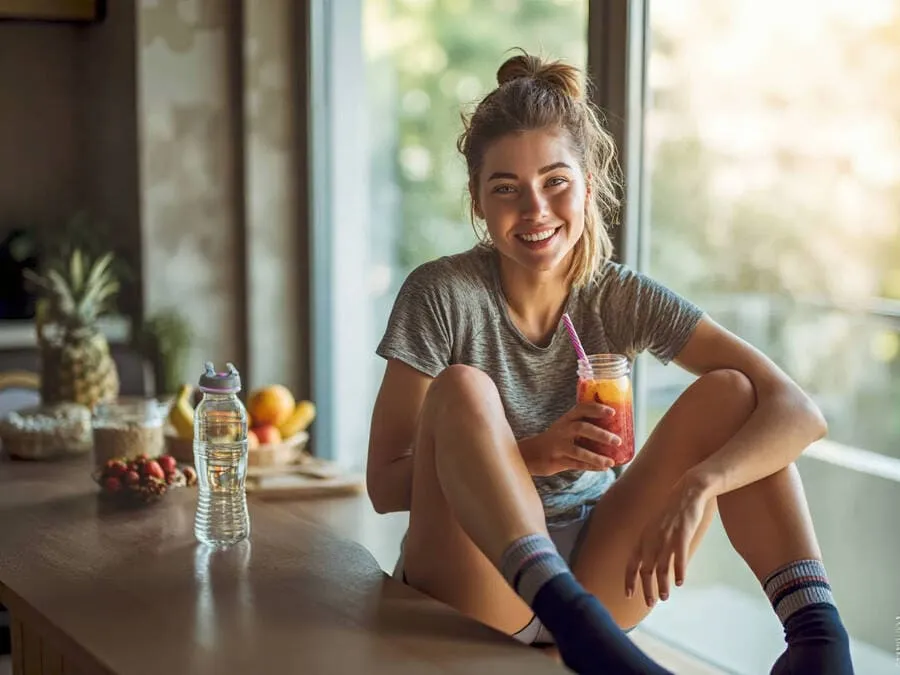 Fotografia de um corredor sentado em um ambiente iluminado, bebendo um smoothie colorido com frutas, com uma garrafa de água e ingredientes saudáveis como aveia e nozes ao fundo.