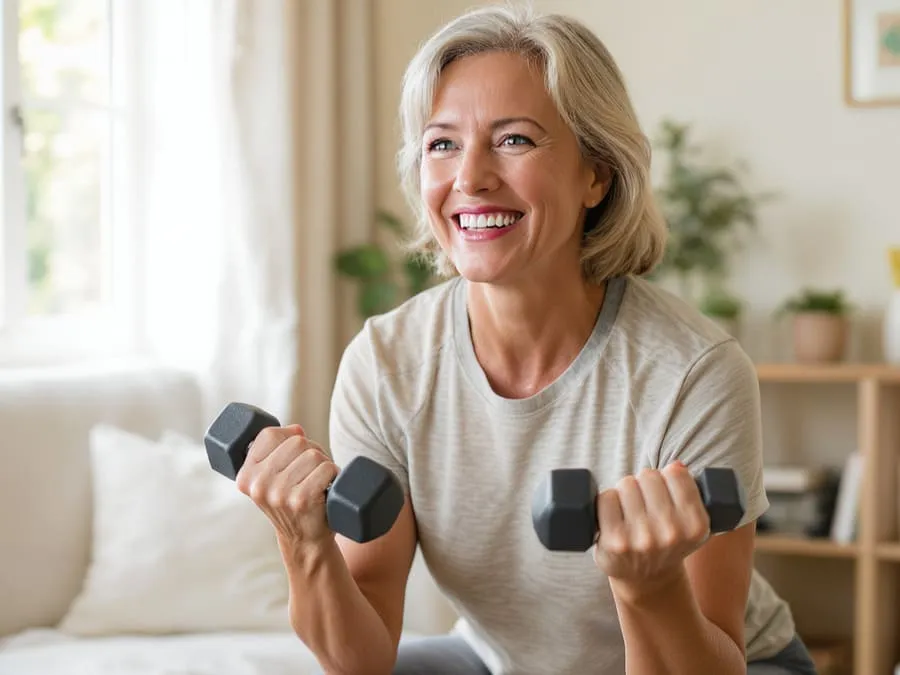 Pessoa de meia-idade sorrindo enquanto faz exercícios de fortalecimento muscular em casa, demonstrando como perder peso após os 40 anos