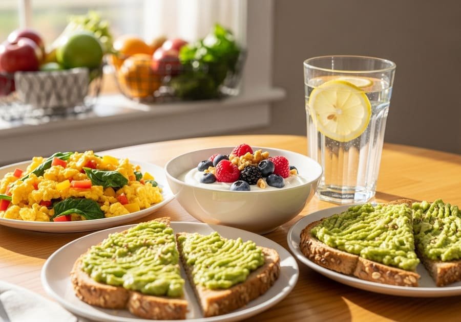 Mesa de café da manhã saudável com ovos, iogurte, frutas e vegetais - opções ricas em proteína para perder peso aos 40