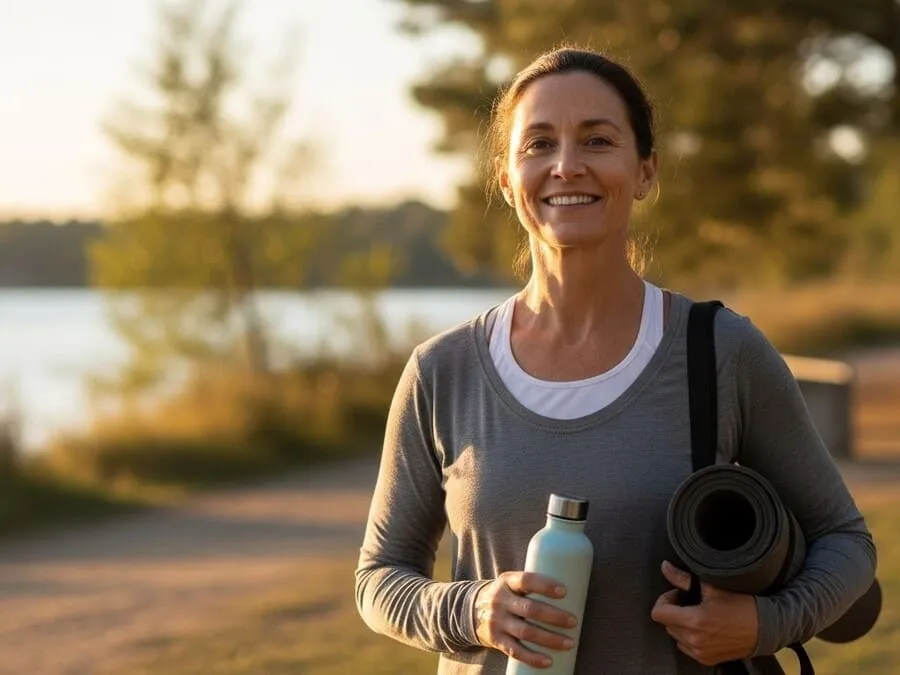 Pessoa de meia-idade com aparência saudável e confiante em ambiente natural, representando o sucesso em perder peso após os 40 anos de forma sustentável