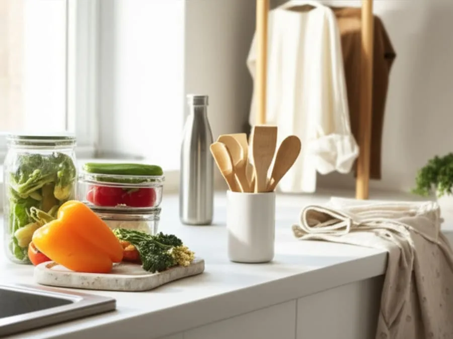 Cozinha moderna com utensílios sustentáveis incluindo garrafa de aço inox, recipientes de vidro, talheres de bambu e roupas de fibras naturais