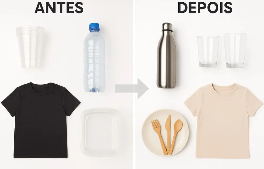 reduzir exposição microplásticos. Comparação visual entre produtos plásticos descartáveis e alternativas sustentáveis como utensílios de bambu, garrafas de aço inox e recipientes de vidro