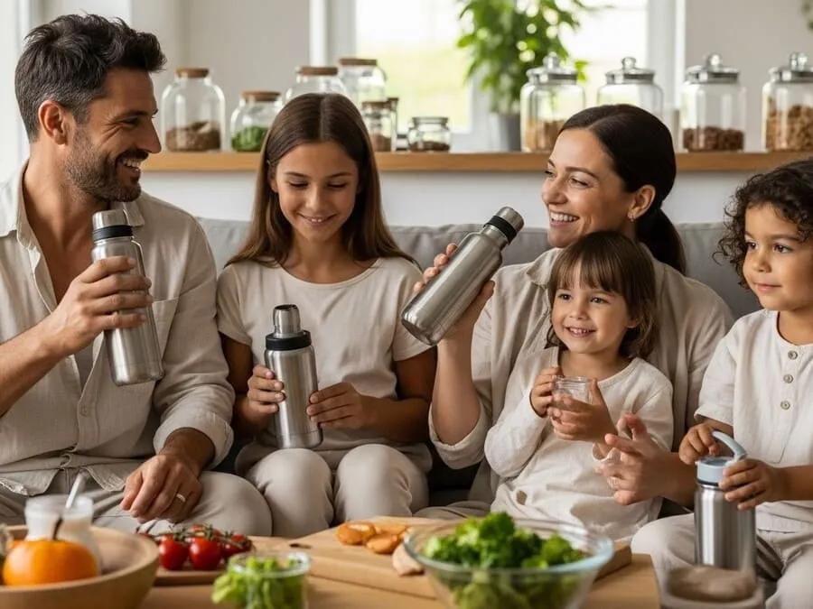 Família feliz em casa usando produtos sustentáveis como garrafas de aço inox e roupas de fibras naturais, demonstrando um estilo de vida consciente