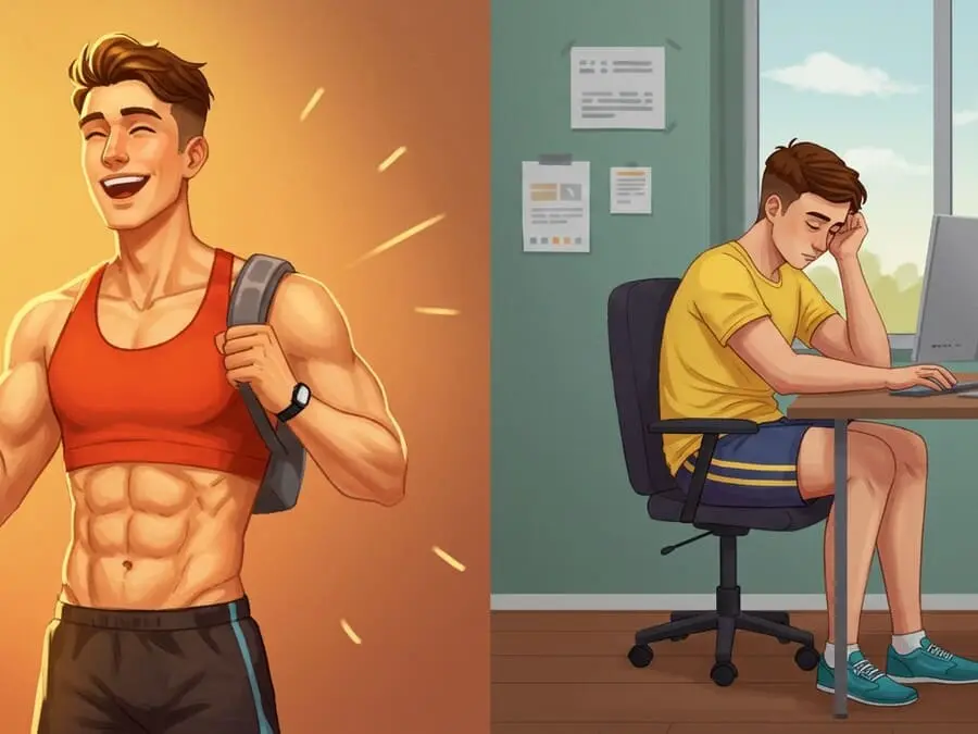 Imagem dividida mostrando a mesma pessoa: de um lado feliz após o treino, e do outro cansada sentada por horas em frente ao computador.