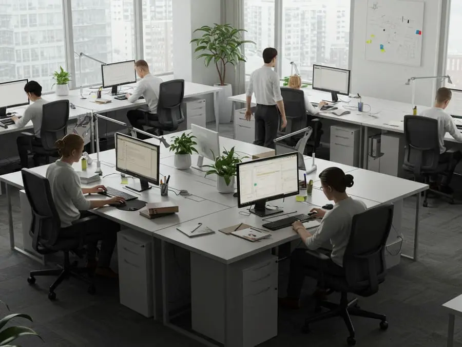 sedentarismo após o treino. Vista de escritório com pessoas sentadas trabalhando, enquanto uma pessoa se levanta para alongar.
