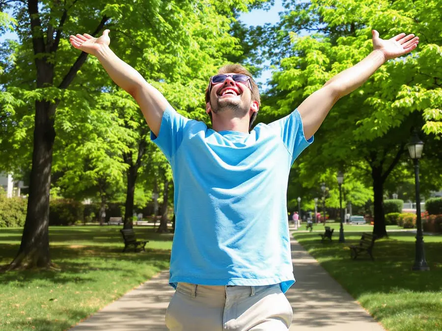 Pessoa caminhando em um parque durante intervalo de trabalho, sorrindo e se espreguiçando ao ar livre.
