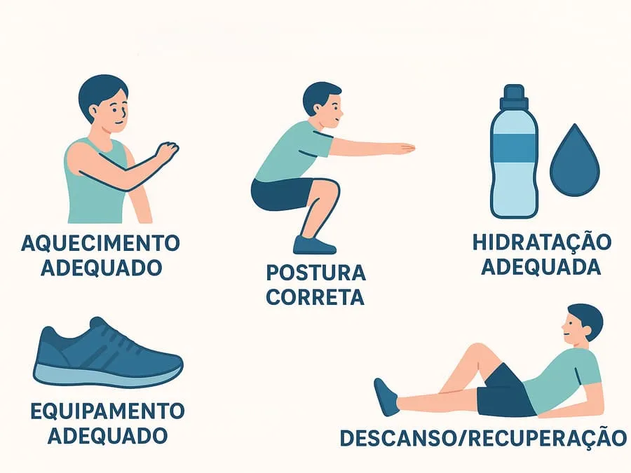 Infográfico mostrando elementos fundamentais da segurança no exercício: aquecimento, técnica correta, hidratação e equipamentos adequados