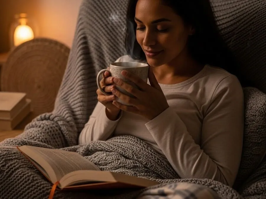 Mulher relaxando à noite com chá e livro, preparando-se para dormir melhor.