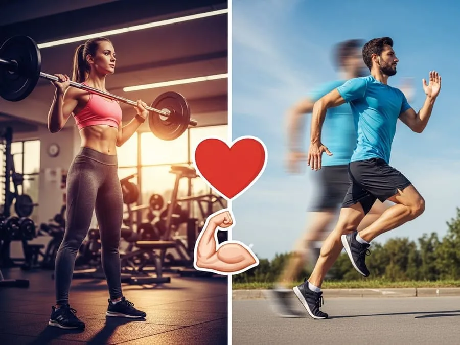 Montagem mostrando uma mulher levantando barra na academia e um homem correndo ao ar livre, com ícones de coração e músculo ao centro.