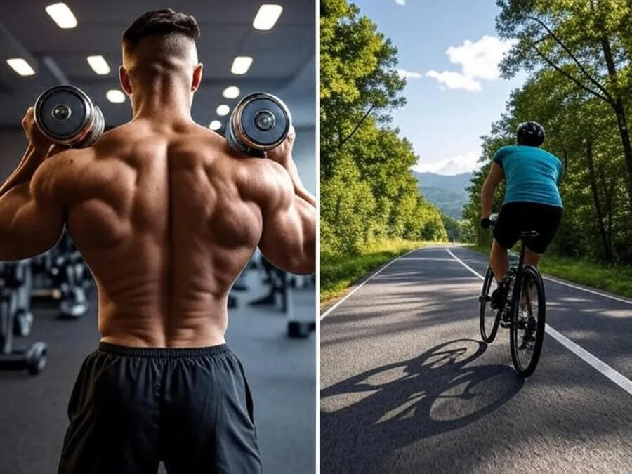 Imagem dividida mostrando um close de braços levantando halteres e um ciclista pedalando em estrada cercada de árvores.