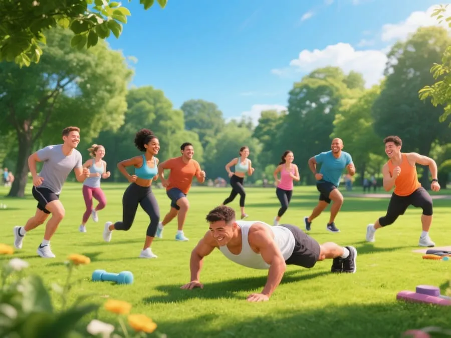 Grupo diverso de pessoas se exercitando juntas em um parque, incluindo corrida, flexões e alongamento, sob sol e clima agradável.
