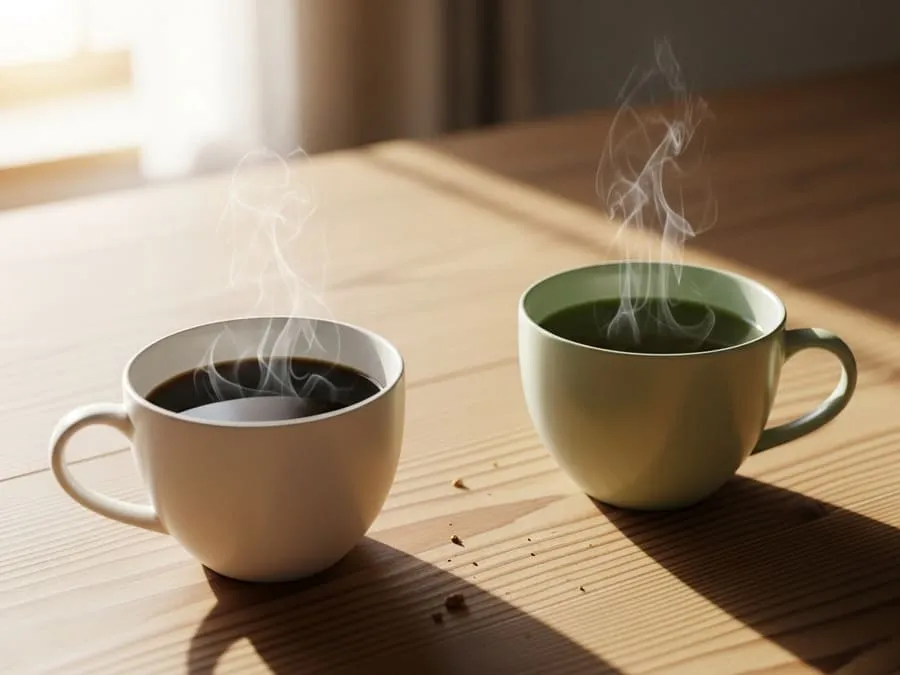 Xícara de café e xícara de chá lado a lado em mesa de madeira iluminada pelo sol da manhã.