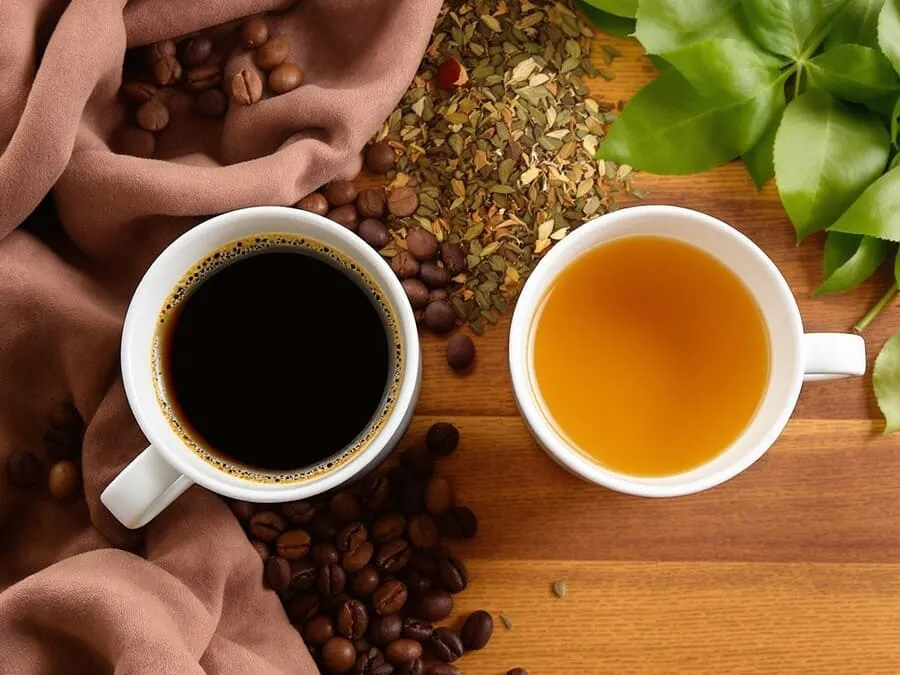 Xícara de café e xícara de chá lado a lado, com grãos de café e folhas de chá ao redor em mesa aconchegante.