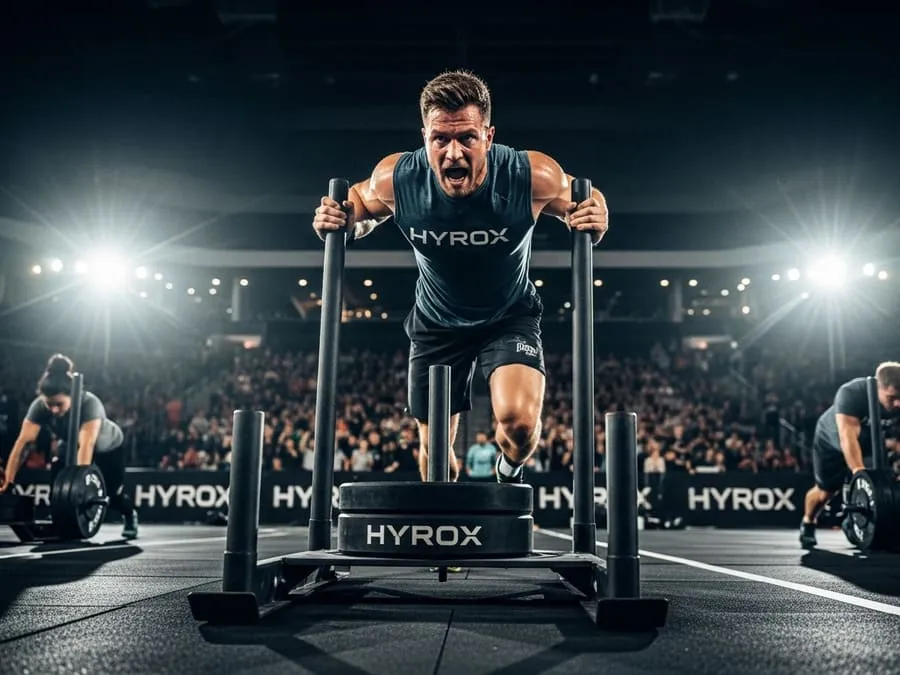 Atleta empurrando trenó durante competição de Hyrox em arena indoor.