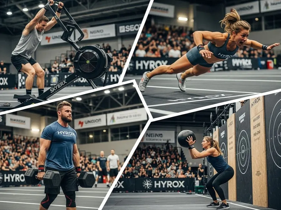Montagem mostrando estações do Hyrox: SkiErg, burpee broad jumps, farmer carry e wall balls.
