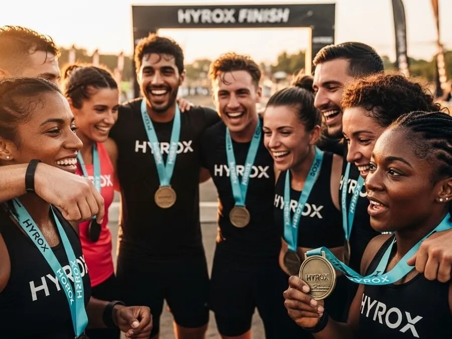 Grupo de atletas comemorando juntos após completar prova de Hyrox.