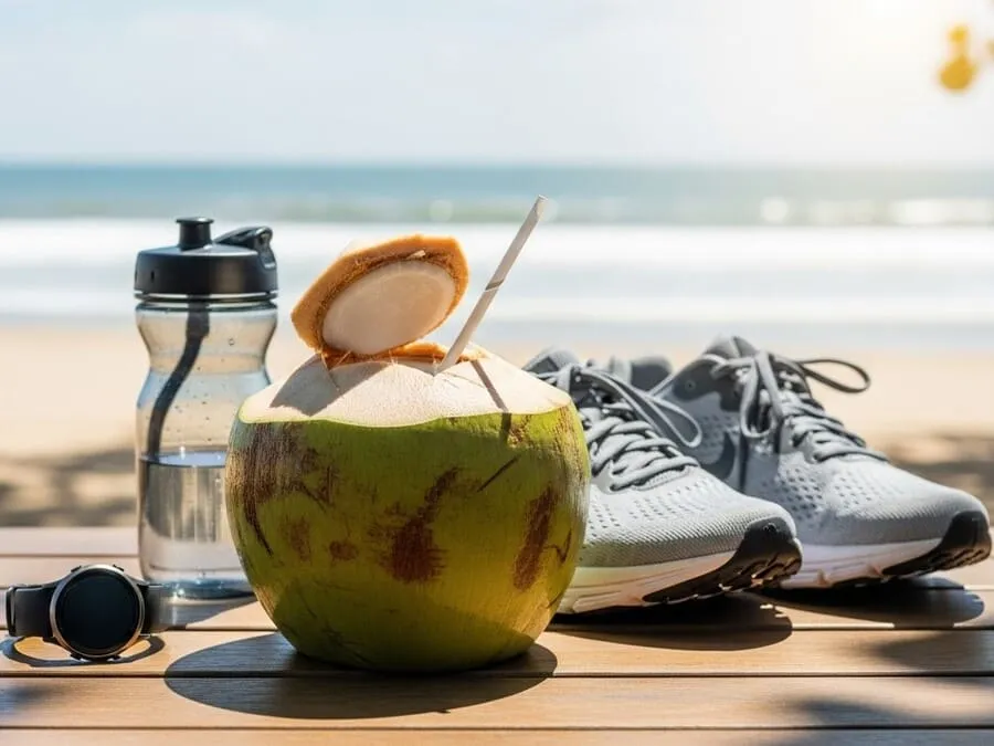Coco verde com canudo ao lado de tênis de corrida e garrafa de água em cenário ensolarado.