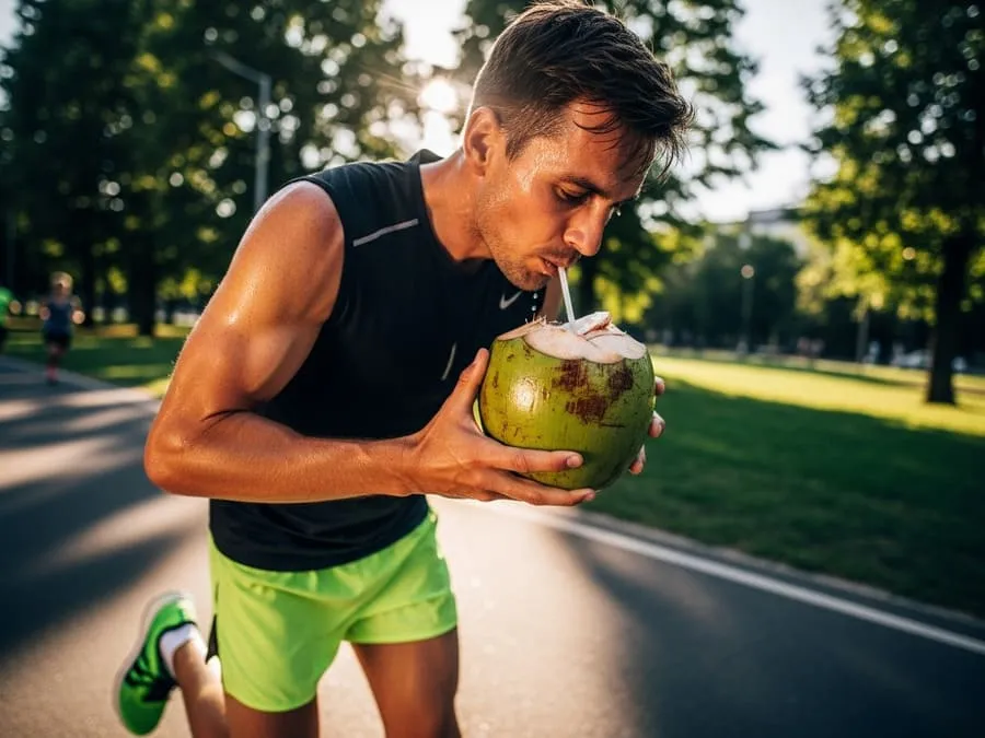 Corredor bebendo água de coco durante treino ao ar livre em dia ensolarado.