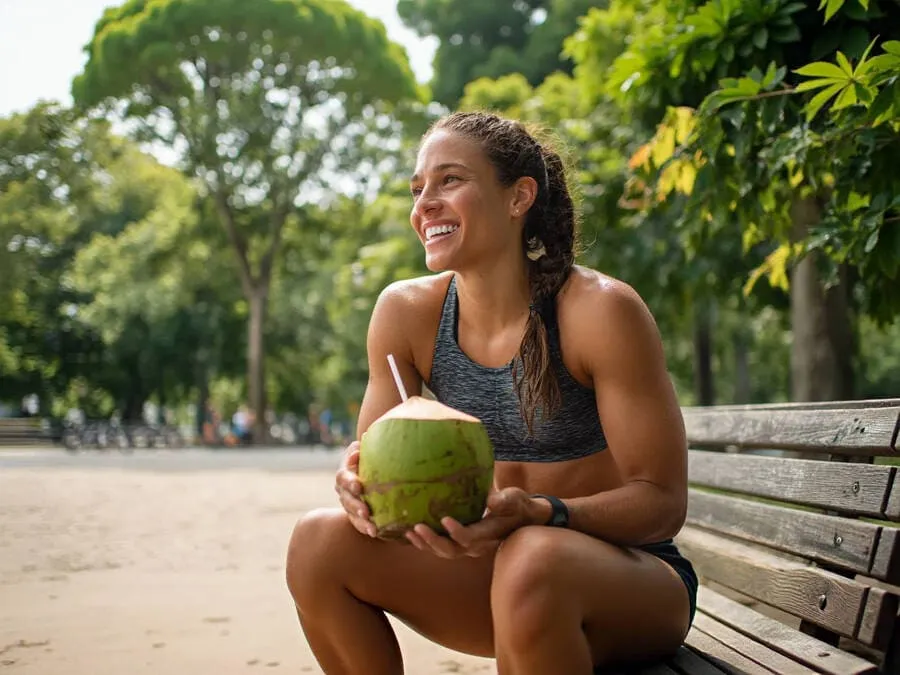 Corredora feliz descansando após treino enquanto bebe água de coco em parque arborizado.