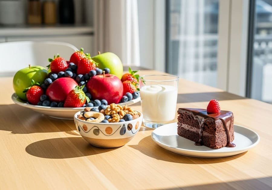Mesa com frutas frescas, castanhas, iogurte e uma fatia de bolo, representando equilíbrio entre saúde e prazer.
