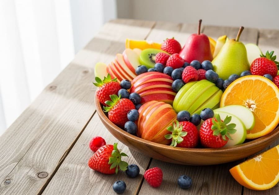 Tigela rústica com frutas frescas e coloridas, como morangos, maçãs, peras e cítricos.