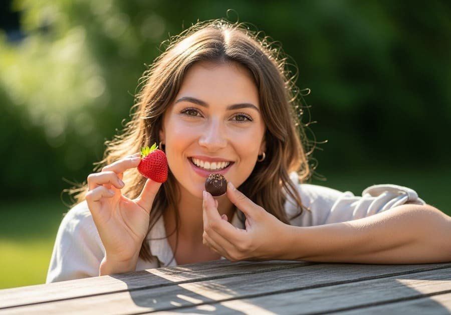 como reduzir o consumo de açúcar. Pessoa sorridente em um piquenique, segurando uma fruta e um doce, representando equilíbrio alimentar.