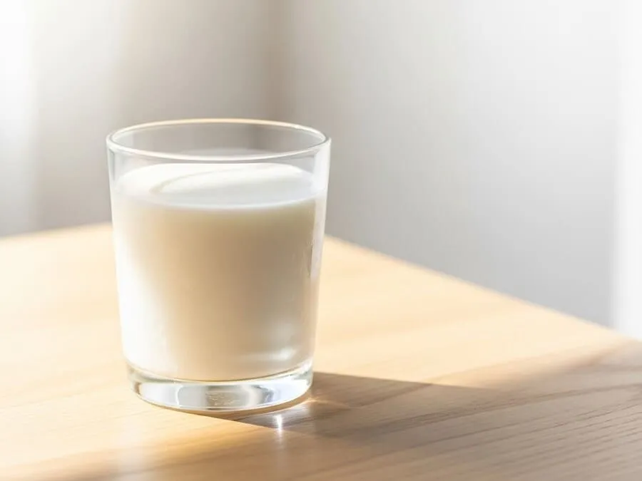 Imagem de uma pessoa adulta bebendo leite em uma cozinha moderna, com ilustrações sutis de ossos fortes ao fundo, simbolizando saúde óssea.