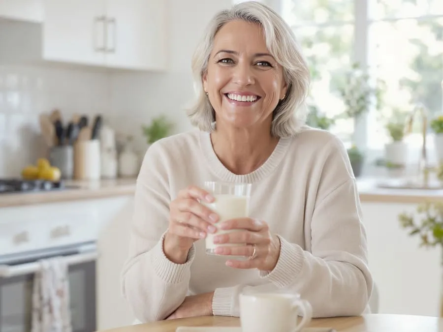 Ilustração de um copo de leite com ícones estilizados de cálcio, vitamina D e proteína flutuando ao redor, representando benefícios nutricionais.