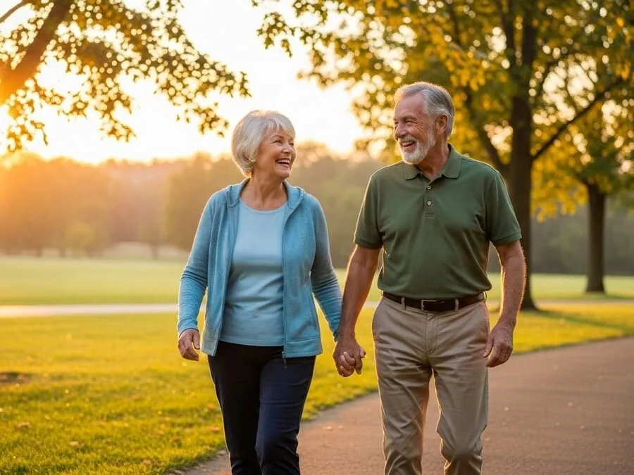 Cena de uma pessoa idosa caminhando ou dançando em um parque, com um copo de leite ao fundo, simbolizando longevidade e saúde.