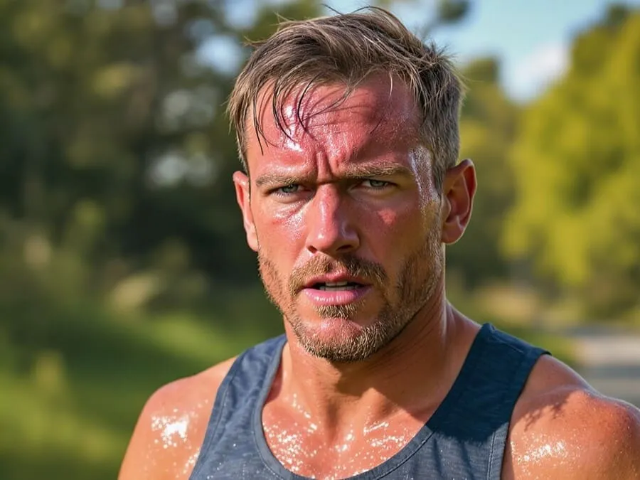 Corredor suado treinando sob sol forte, ilustrando o risco de desidratação durante corridas no calor.