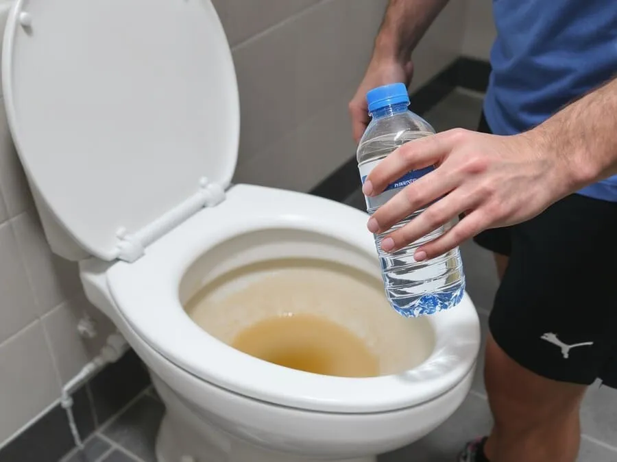 Comparação entre urina clara e urina escura, mostrando como monitorar a hidratação de corredores.