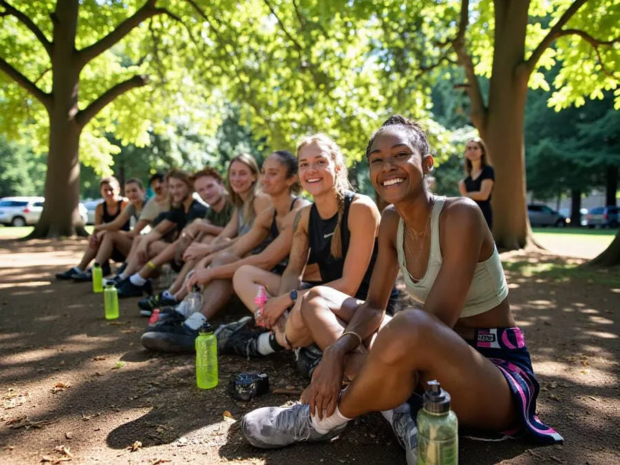 Grupo de corredores se hidratando e descansando juntos após um treino, reforçando a importância da hidratação.