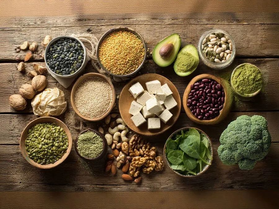 Vista aérea de mesa de madeira com grãos, leguminosas, tofu, sementes e vegetais ricos em proteínas.