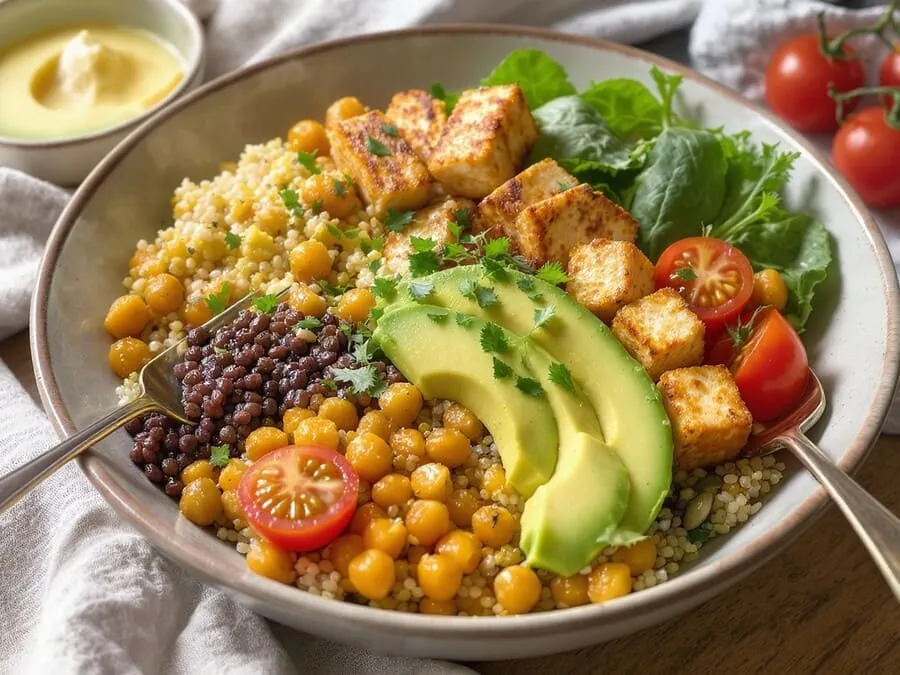 Prato rústico com quinoa, grão-de-bico, lentilha, tofu, abacate, espinafre e sementes, formando um bowl vegano rico em proteínas.