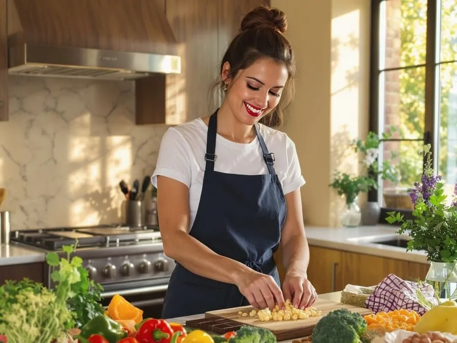 dieta vegetariana rica em proteínas. Mulher sorridente prepara refeição vegana colorida em cozinha moderna, com legumes, tofu e castanhas.