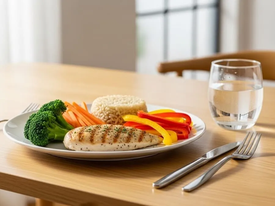 Prato equilibrado com frango, arroz integral, legumes coloridos e um copo de água.