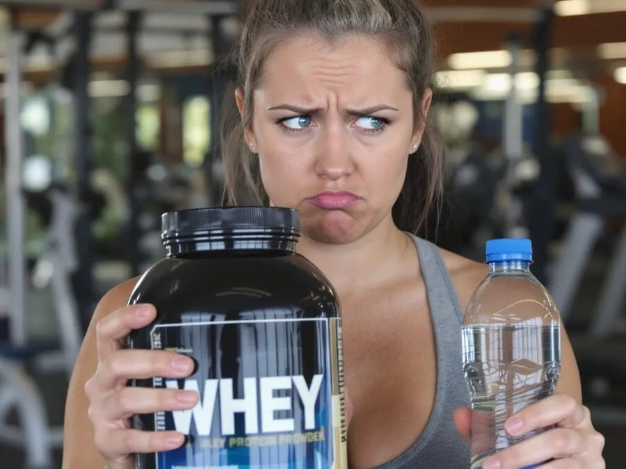 excesso de proteína. Pessoa na academia segurando pote de whey protein e garrafa de água com expressão de preocupação.