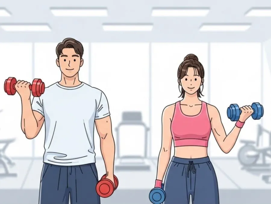 Homem e mulher iniciantes na academia levantando halteres leves em um ambiente moderno e iluminado.