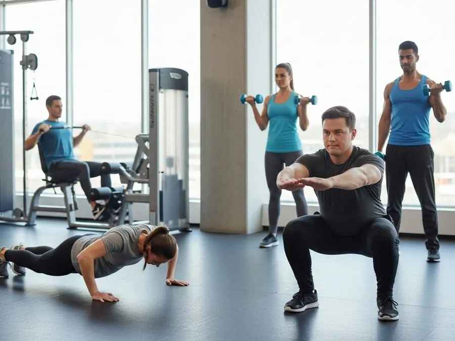 Iniciante na academia realizando exercícios básicos de musculação, como agachamento, flexão adaptada e rosca direta com halteres leves.