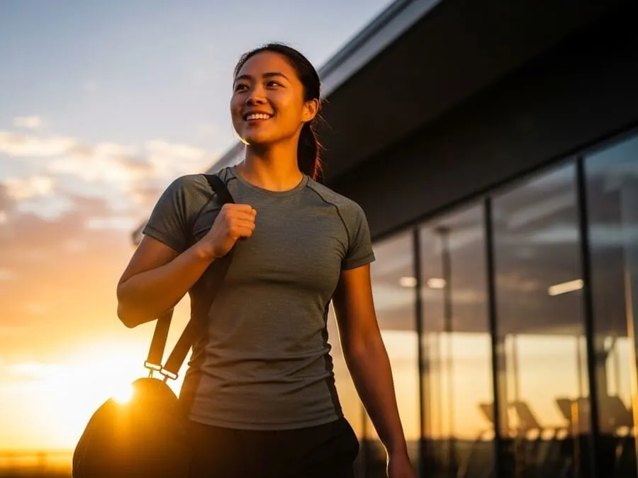 Pessoa saindo da academia ao pôr do sol, sorrindo com sensação de conquista e motivação.