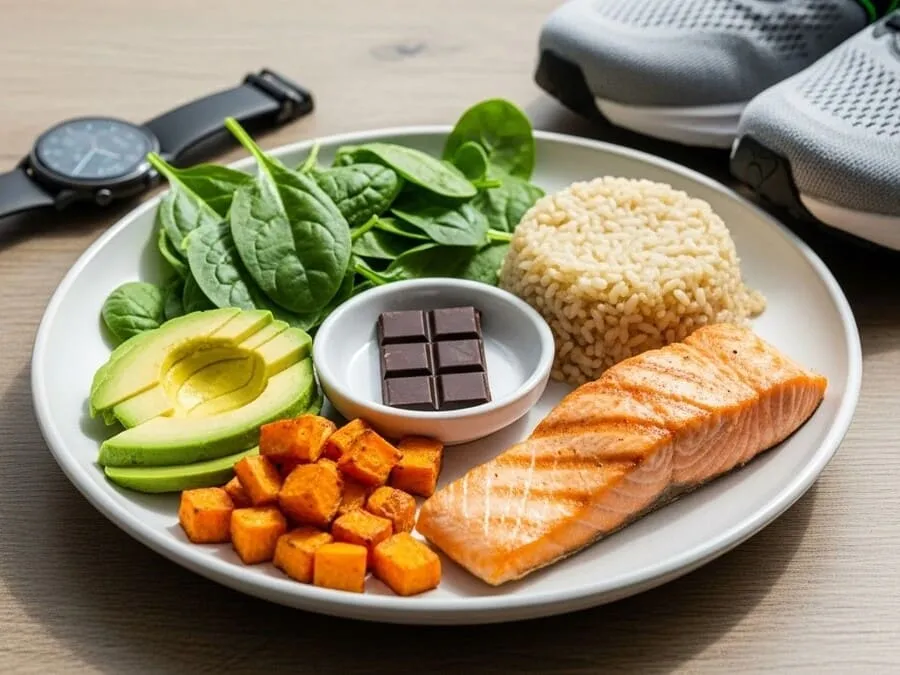 Prato colorido com salmão, arroz integral, abacate, batata-doce e vegetais ao lado de tênis de corrida.