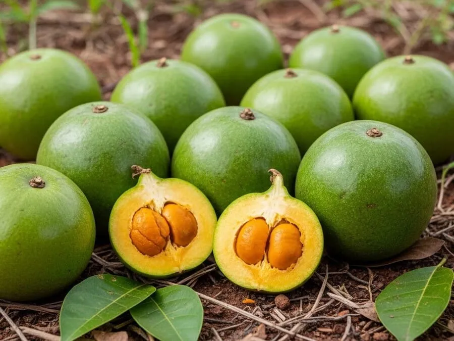 Fotografia de frutos de pequi maduros no solo do Cerrado, com casca verde e polpa amarela exposta, sob luz natural suave.