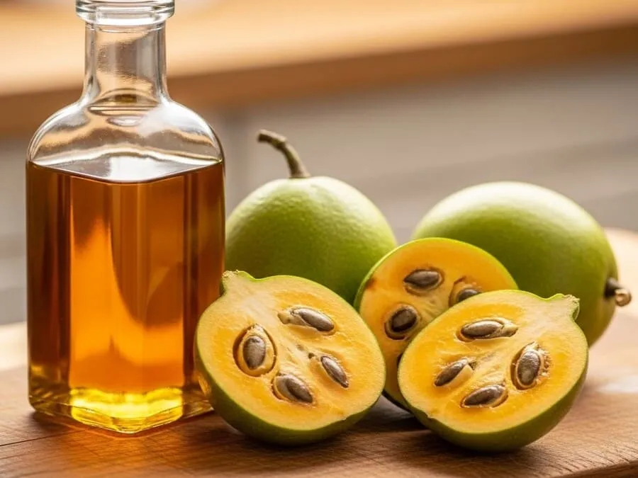 agem de uma garrafa de óleo de pequi ao lado de frutos abertos com polpa amarela, sobre uma tábua de madeira rústica.