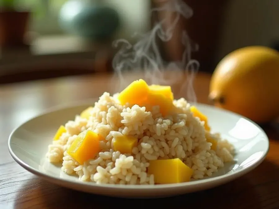 Fotografia de um prato de arroz com pequi, com pedaços do fruto e vapor subindo, em uma mesa simples sob luz natural.