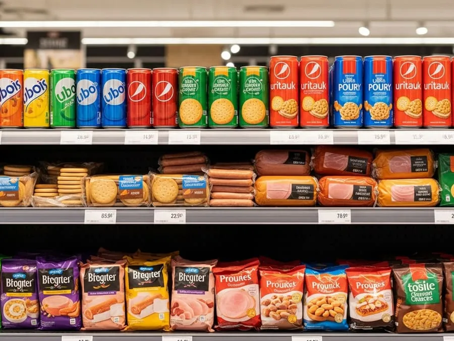 Fotografia de uma prateleira de supermercado com refrigerantes, biscoitos e embutidos embalados, destacando cores vibrantes e embalagens chamativas.