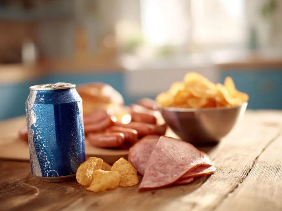 alimentos ultraprocessados e seus riscos à saúde. Imagem de uma mesa com lata de refrigerante, embutidos e frituras como batatas chips, em uma composição alertadora.