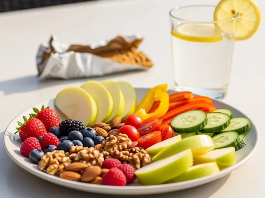 Fotografia de uma refeição com frutas, nozes e vegetais, contrastando com embalagem vazia de ultraprocessado, sob luz natural suave.