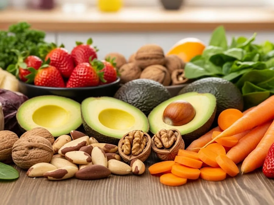 Fotografia de uma mesa de madeira com alimentos coloridos como morangos, abacates, cenouras e nozes, destacando variedade nutricional sob luz natural suave.